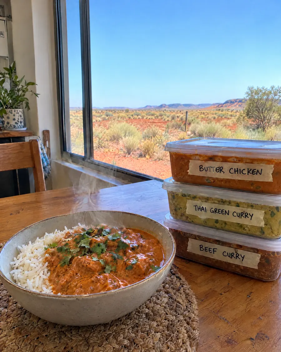 Butter chicken and rice on a kitchen table with the red Pilbara country outside the window