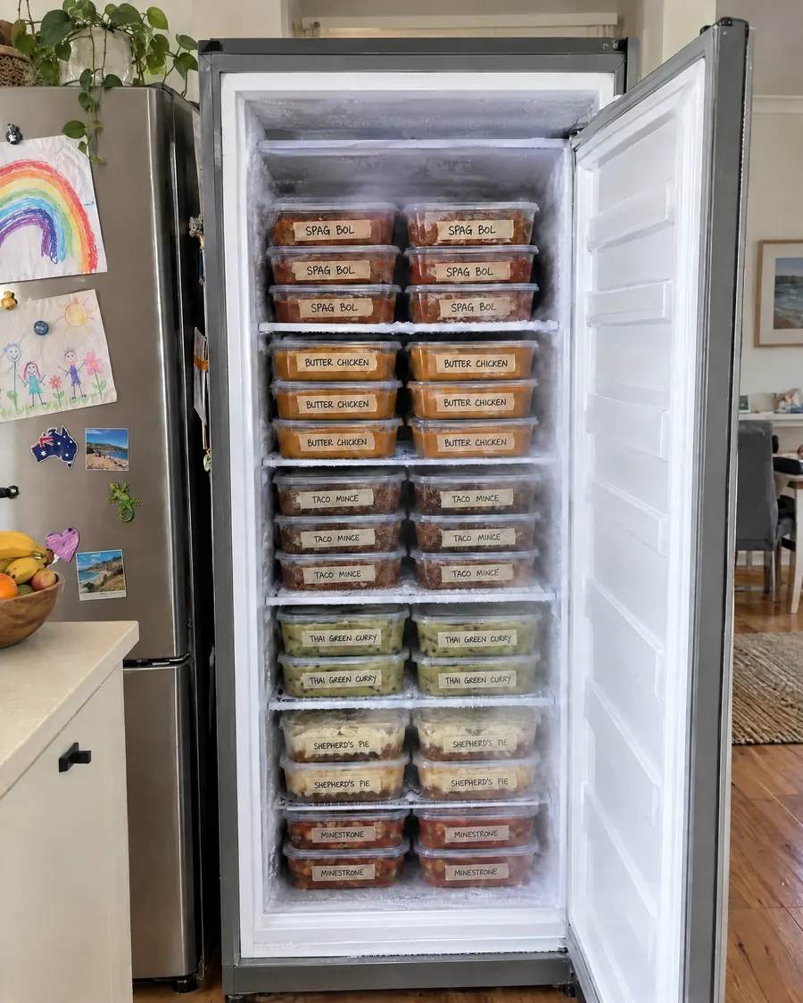 An upright freezer stacked with labelled home-cooked meals
