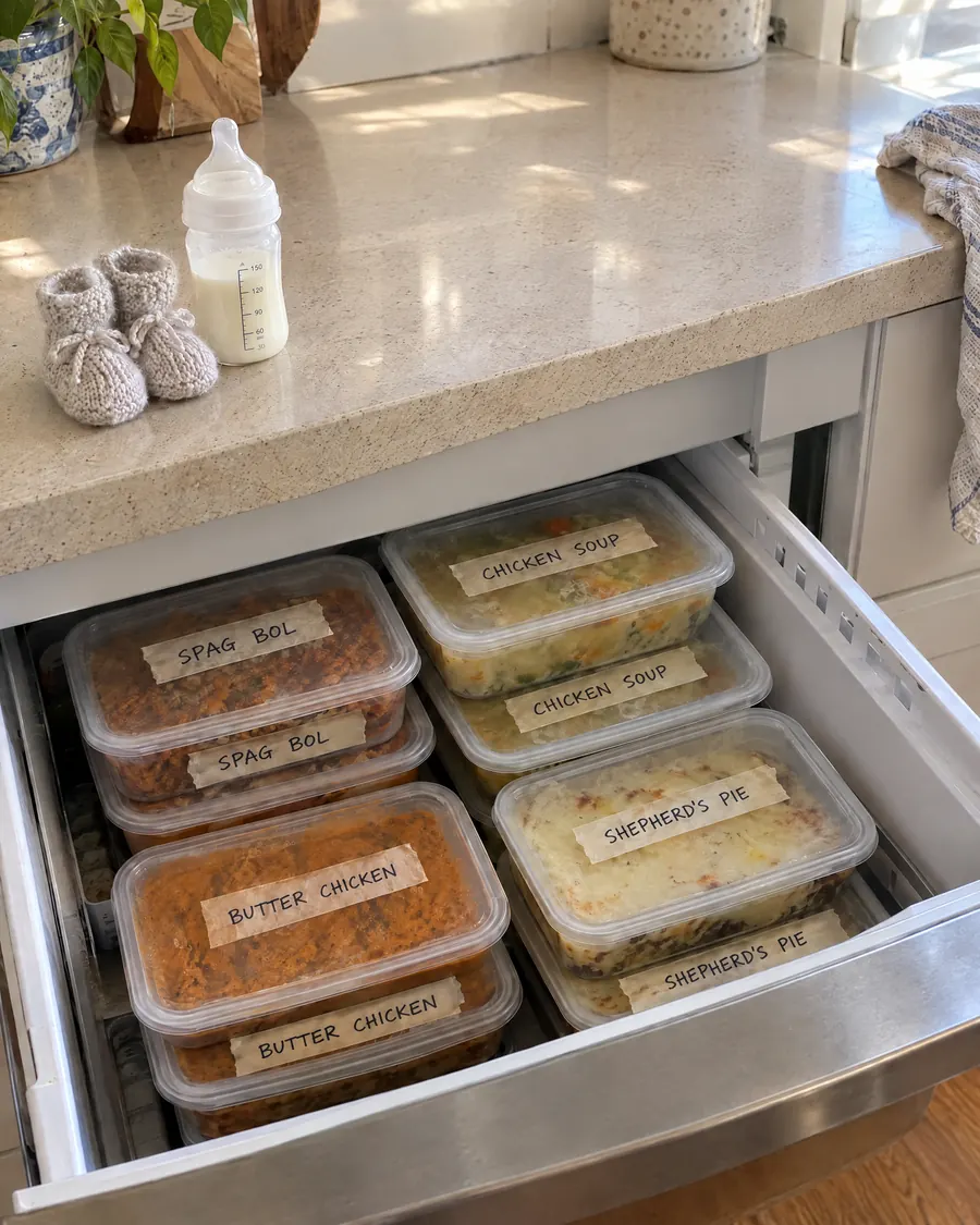Newborn booties and a bottle beside a freezer drawer of labelled meals