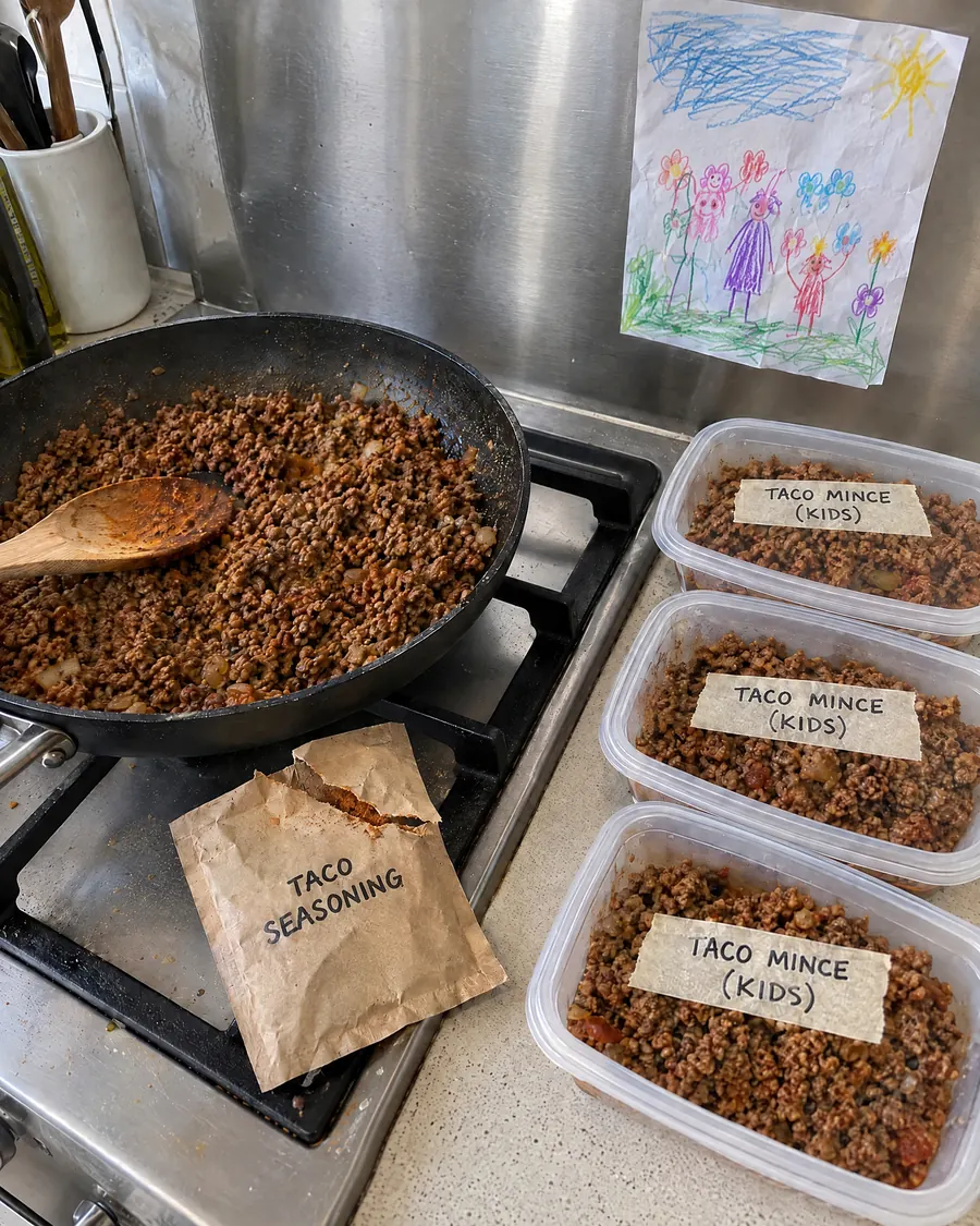 Taco mince in a pan with the seasoning packet and labelled containers for the kids